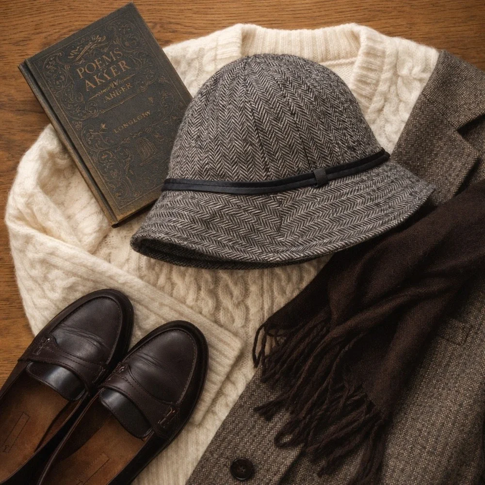 Vtg Coach‎ Wool Herringbone Bucket Hat Leather Trim Gray British Heritage Twee